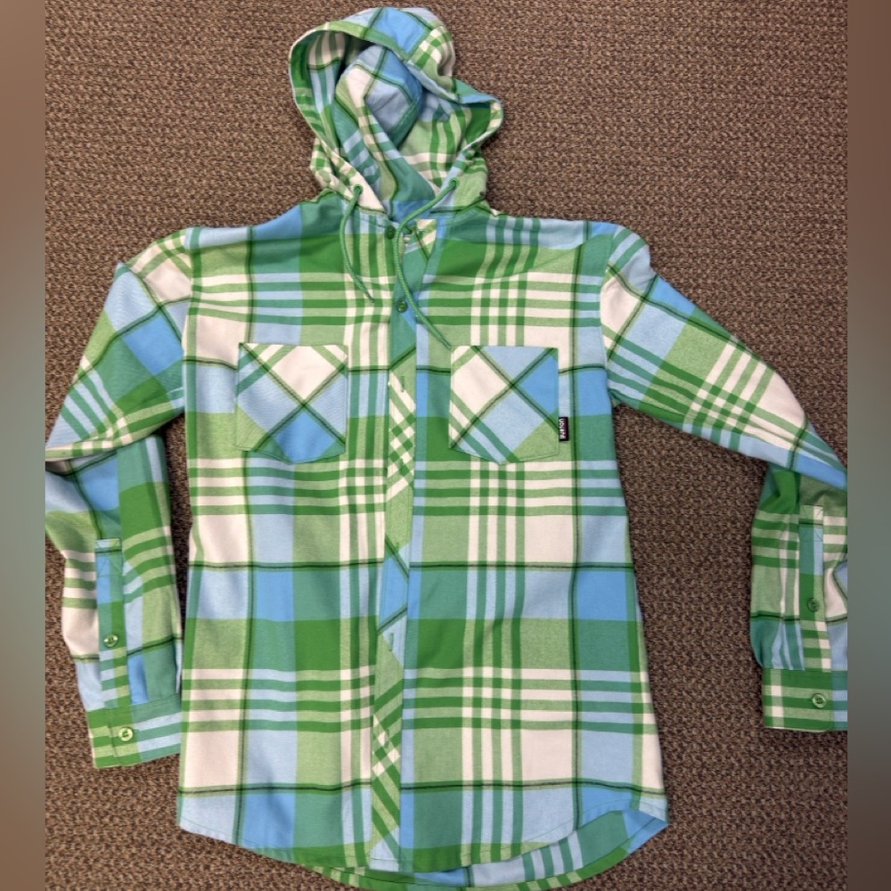 Burton  Green and Blue Plaid Button Down Hooded‎ Flannel Fleece style Shacket/